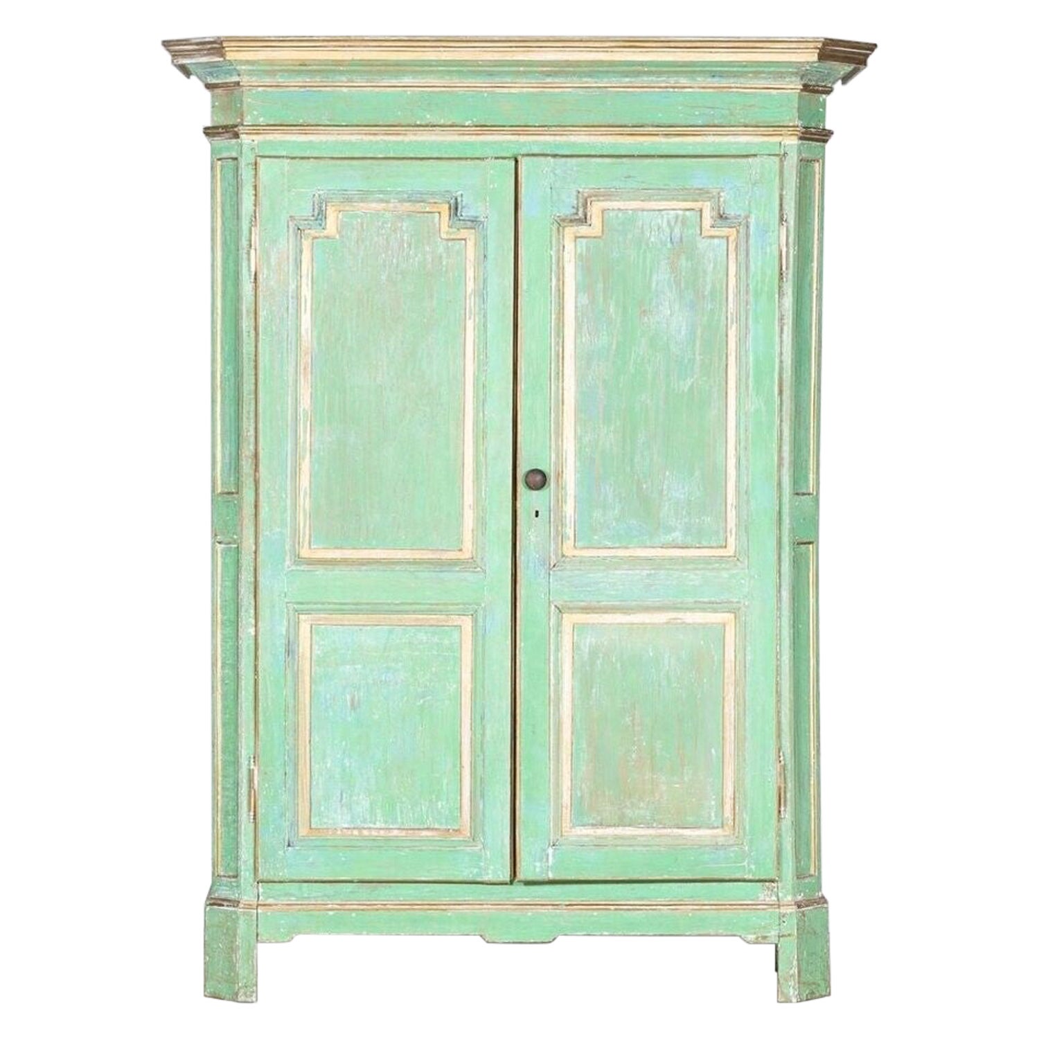 Monumental 19thC French Dry Scraped Painted Pine Armoire For Sale