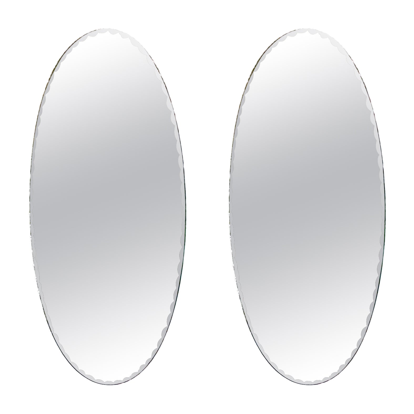 Large Pair Italian Midcentury Oval Mirrors Faceted Crystal Glass Fontana Arte For Sale