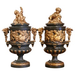 Pair of 19th Century French Neoclassical Painted Bronze and Gilt Bacchus Urns