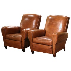 Pair of Early 20th Century French Club Armchairs with Original Brown Leather