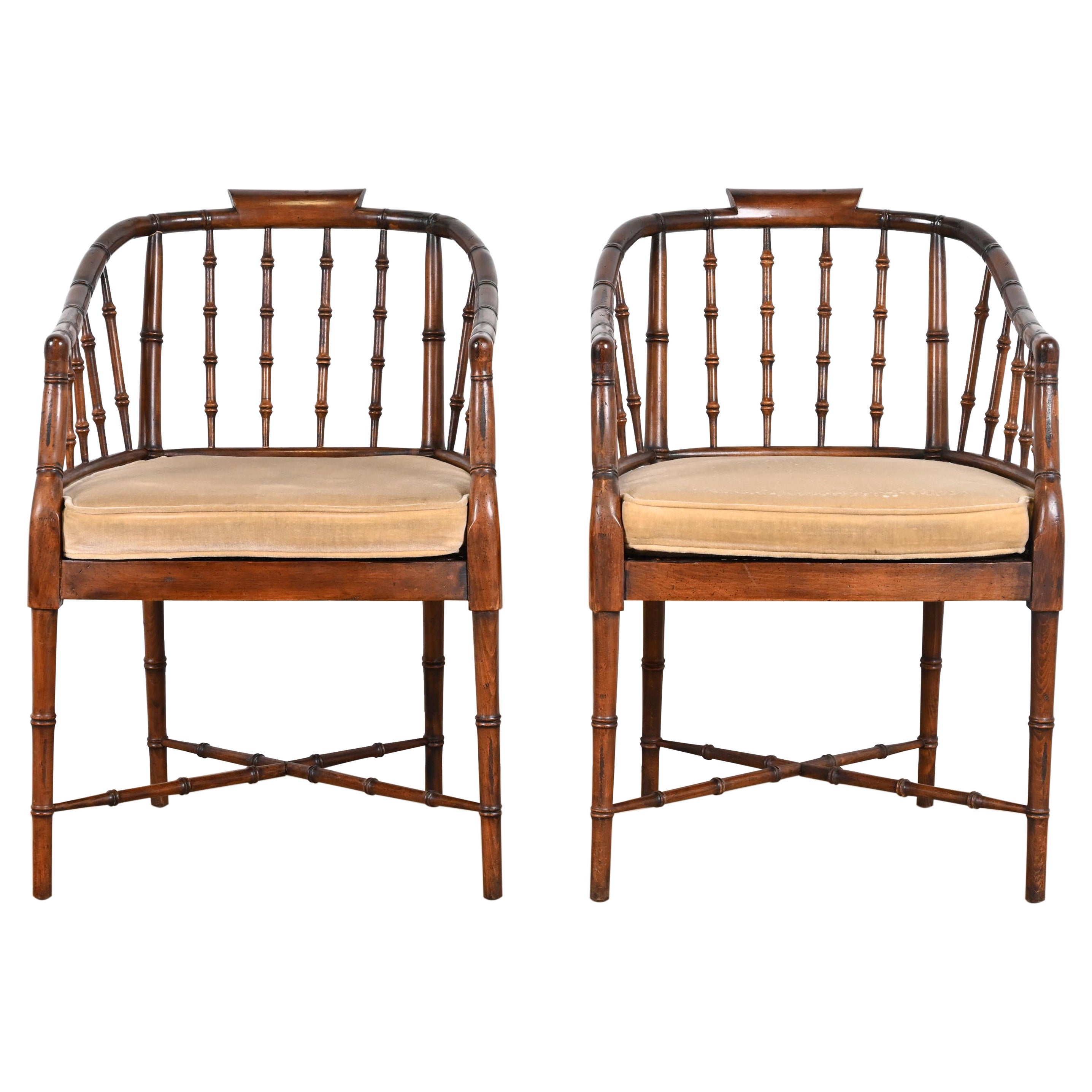 Baker Furniture Style Regency Faux Bamboo Armchairs, Pair