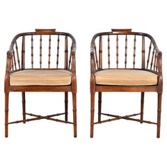 Used Baker Furniture Style Regency Faux Bamboo Armchairs, Pair