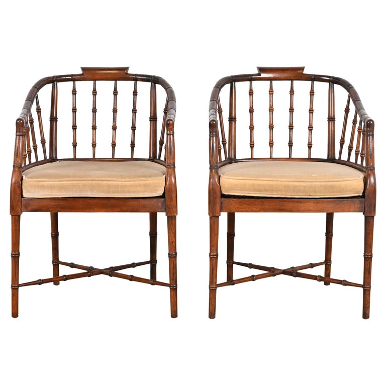 Baker Furniture Style Regency Faux Bamboo Armchairs, Pair For Sale