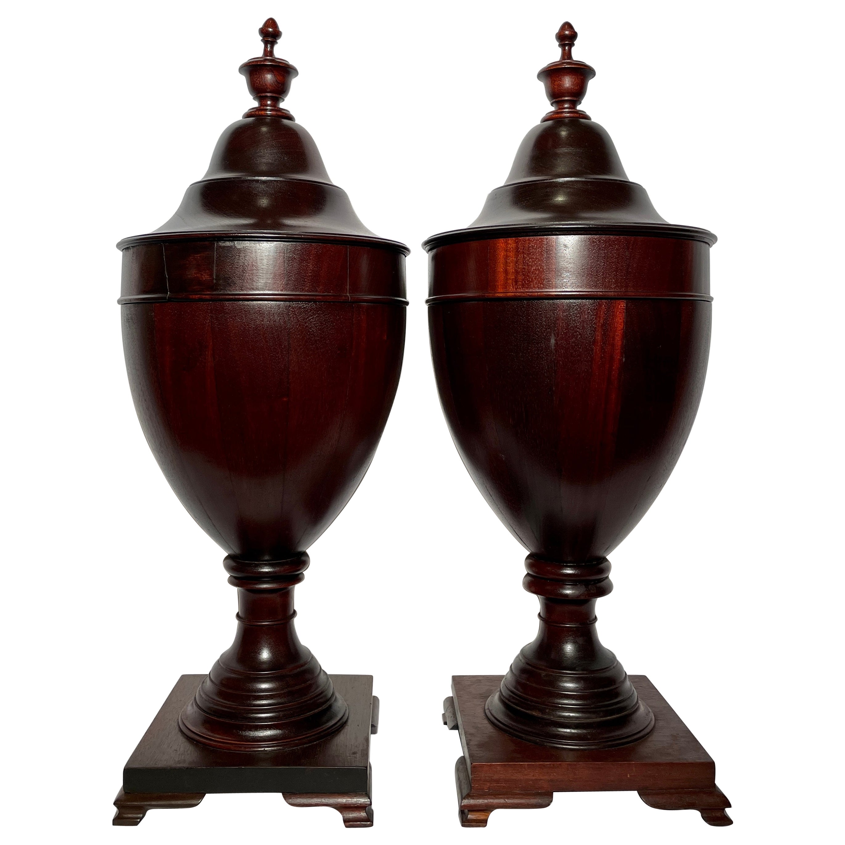 Pair Antique English Mahogany Knife & Fork Cutlery Urns / Boxes, Circa 1910-1920 For Sale