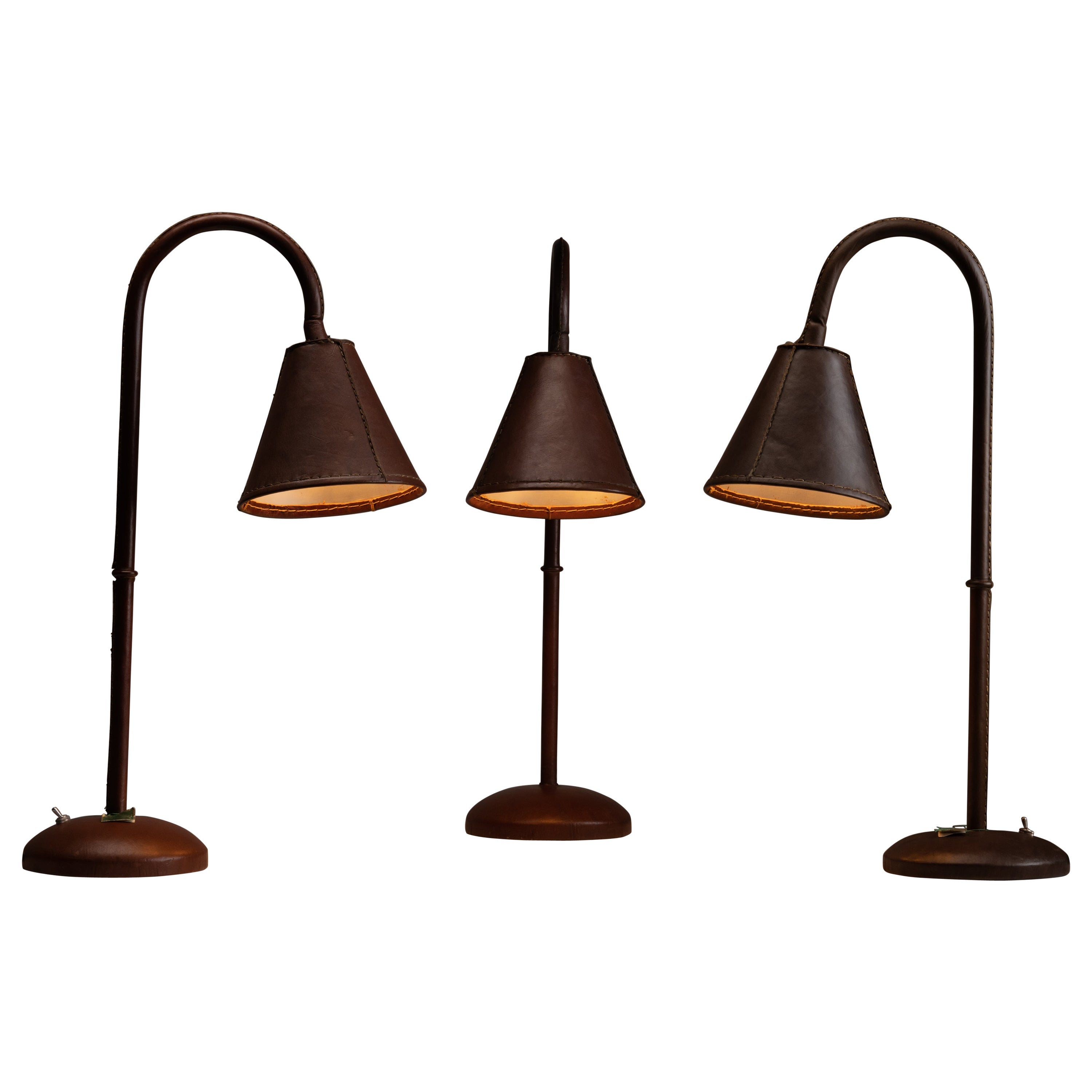 Brown Leather Table Lamps by Valenti