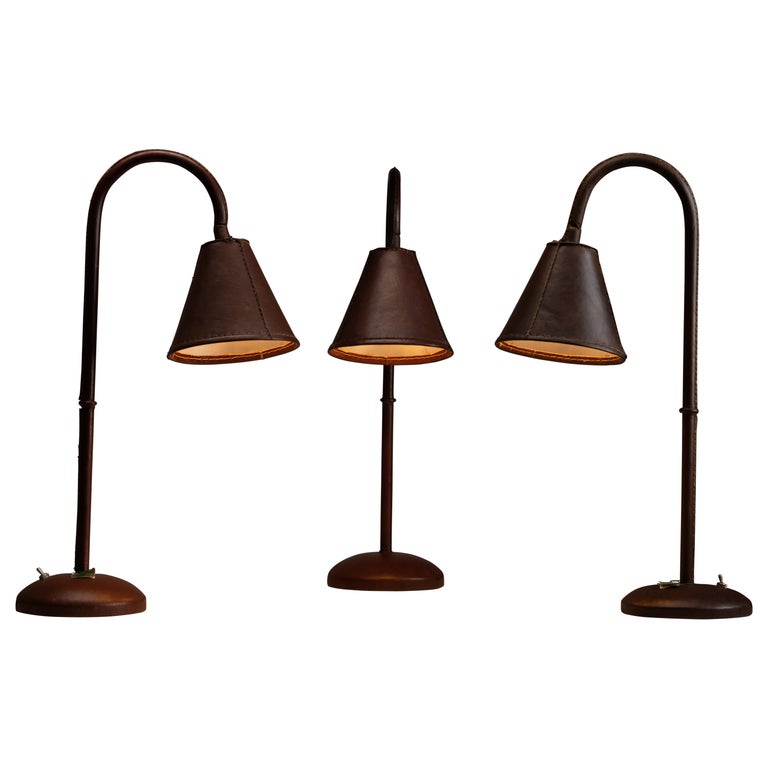 Brown Leather Table Lamps by Valenti For Sale