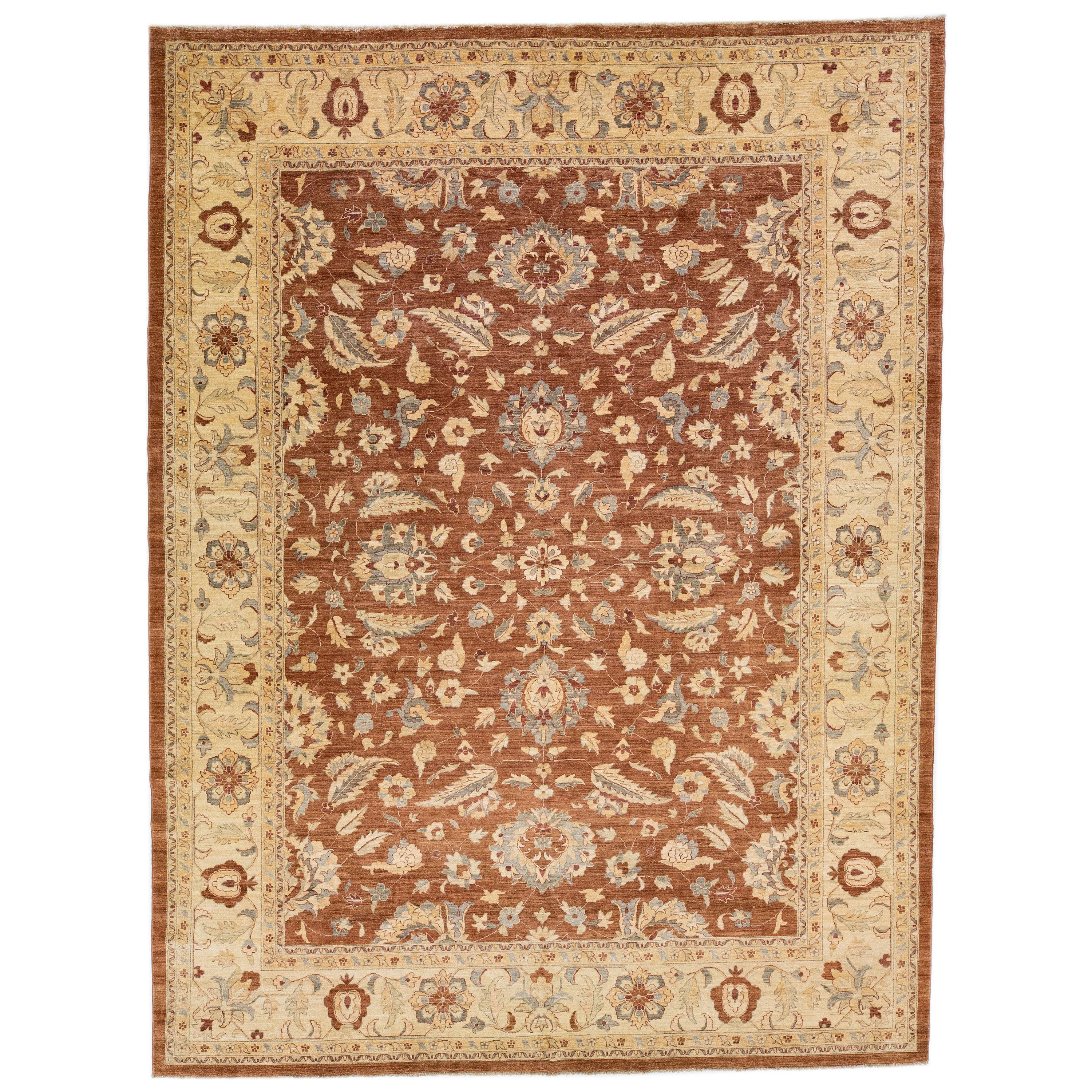 Modern Tabriz Style Brown Handmade Floral Motif Wool Rug For Sale