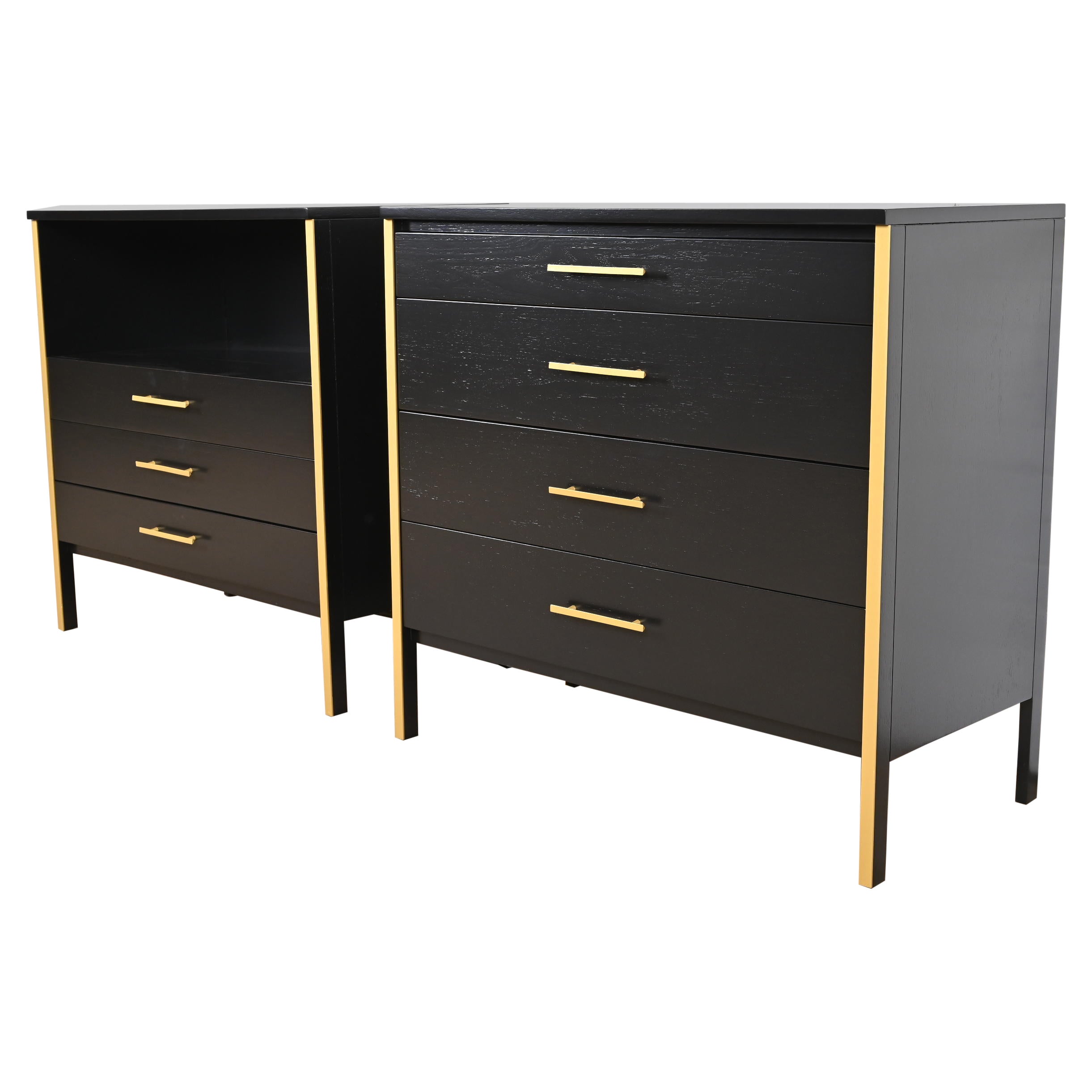 Paul McCobb Black Lacquer and Brass Chests of Drawers, Newly Refinished
