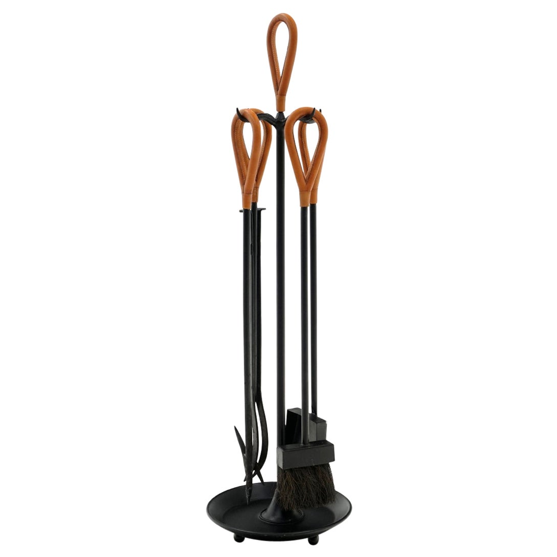 Fireplace Tools in Iron w/ Leather Wrapped Handles in the Style of Jacques Adnet