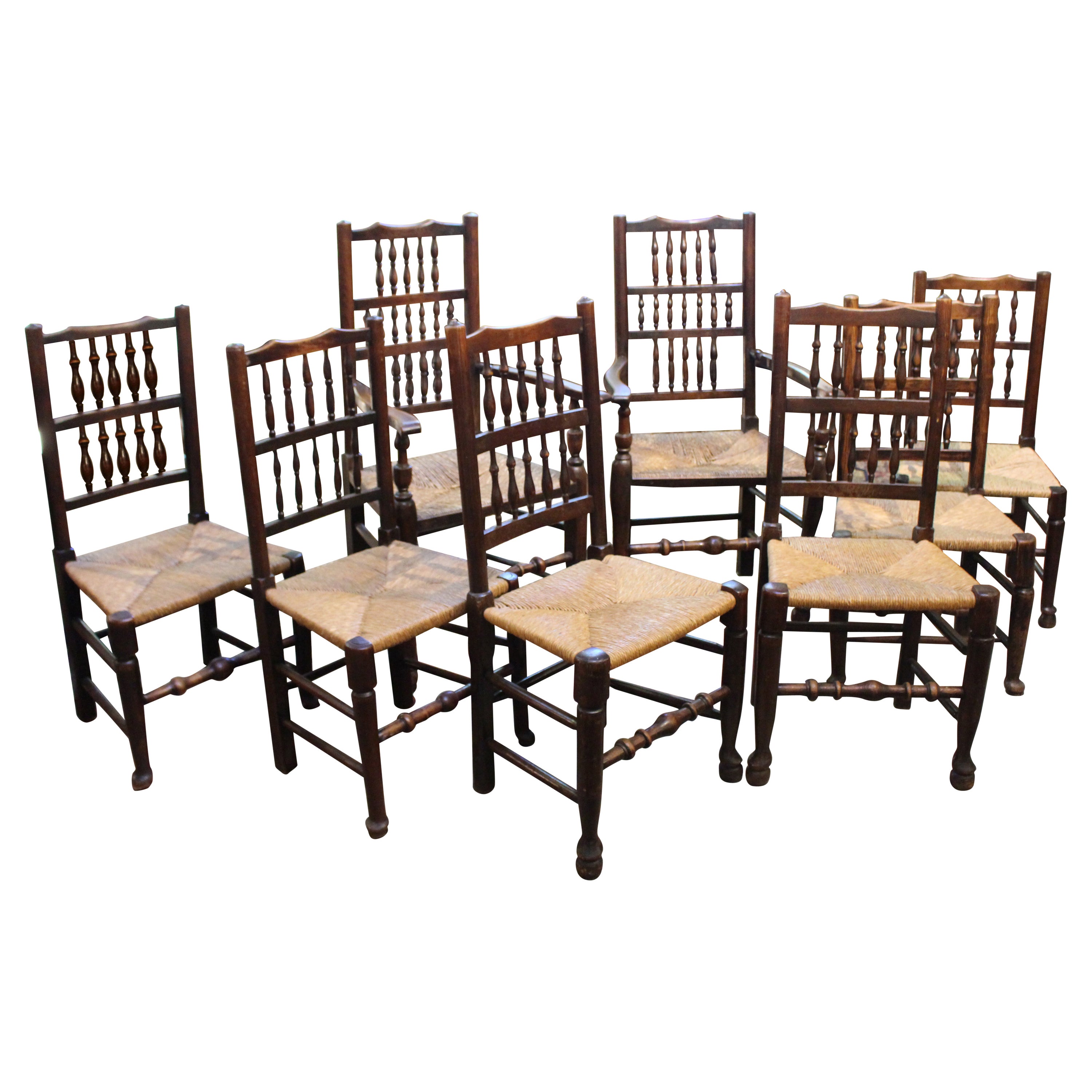 6 English Oak Elm Rushwork Country Dining Chairs Rustic Farmhouse