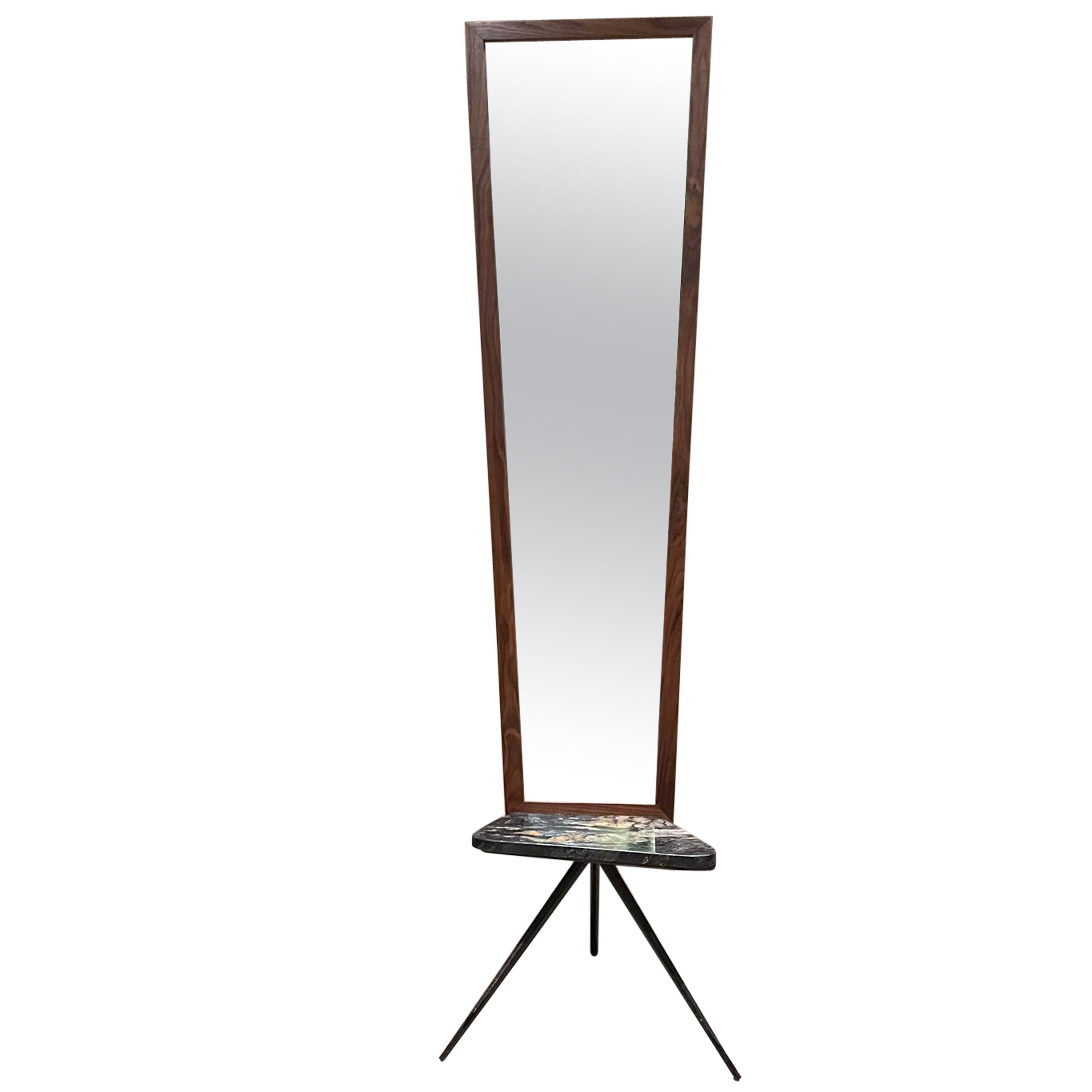 1950s Modern French Floor Mirror Marble & Metal Tripod Base from France For Sale