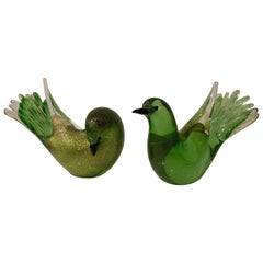 Pair of Green & Gold Murano Bird Sculptures