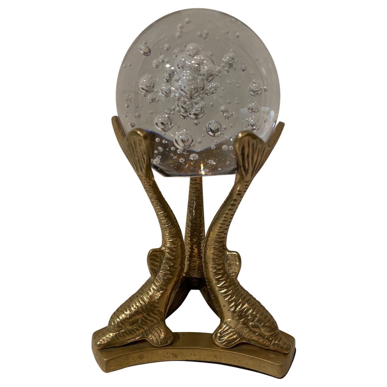 Crystal Sphere on Brass Dolphin Base For Sale