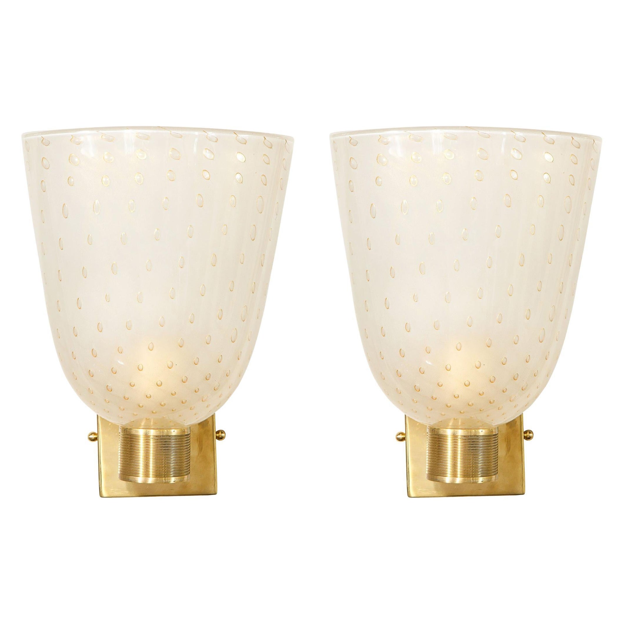 Modernist Handblown Murano Glass and 24kt Gold Sconces with Reeded Brass Arms For Sale