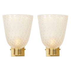 Modernist Handblown Murano Glass and 24kt Gold Sconces with Reeded Brass Arms