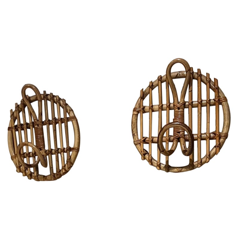 1950s Style Louis Sognot Pair French Rattan and Bamboo Round Coat Racks France