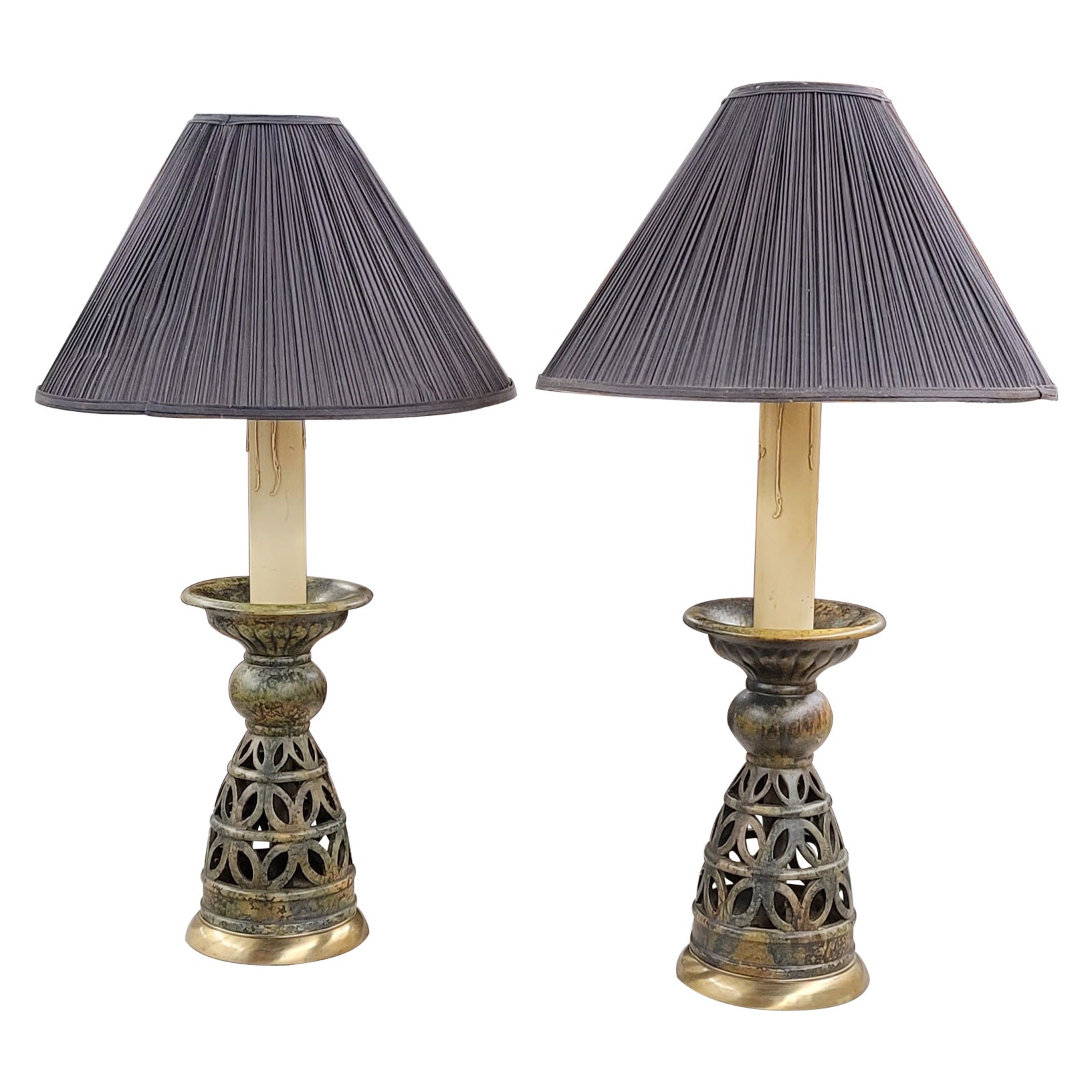 Anglo-Japanese Carved Ceramic Candle Stands and Brass Large Table Lamps, A Pair For Sale