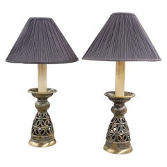 Used Anglo-Japanese Carved Ceramic Candle Stands and Brass Large Table Lamps, A Pair