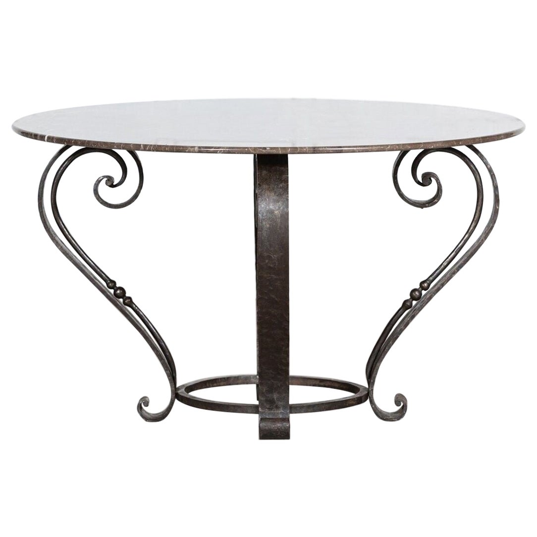Large English Circular Marble Top Wrought Iron Table For Sale