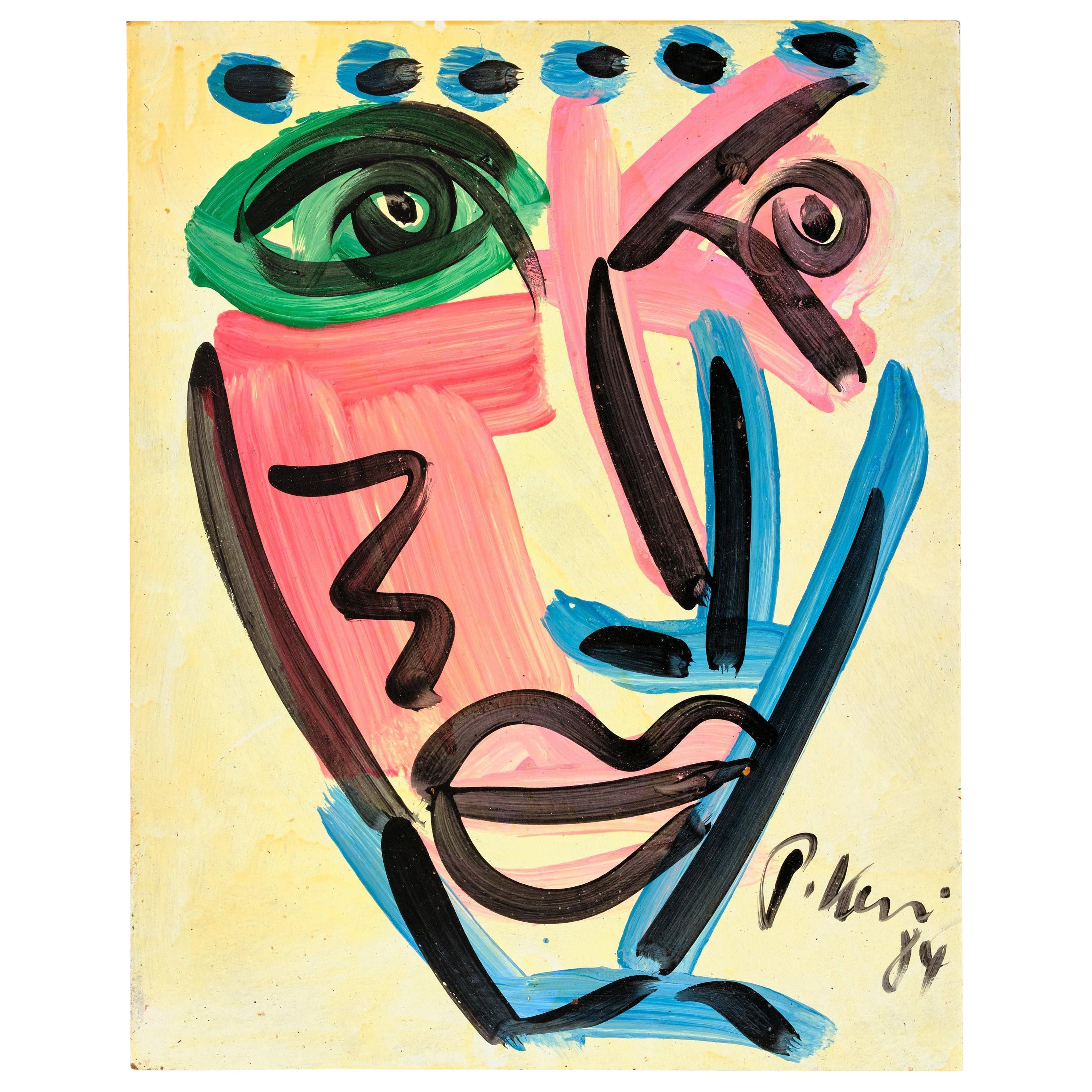 Peinture de Peter Keil, acrylique sur panneau, rouge, bleu et vert, vers 1984, signée