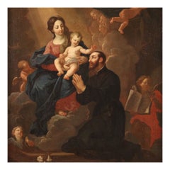 18th Century Oil on Canvas Painting Madonna with Child and Blessed Zaccaria 1750
