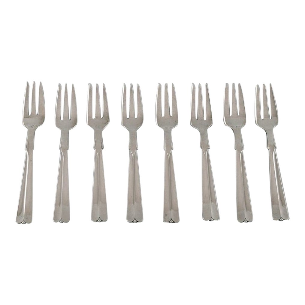 Hans Hansen Silverware No. 7, Eight Art Deco Silver 830 Pastry Forks, 1930s For Sale