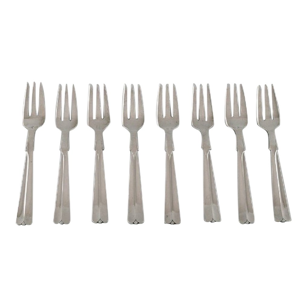 Hans Hansen Silverware No. 7, Eight Art Deco Silver 830 Pastry Forks, 1930s