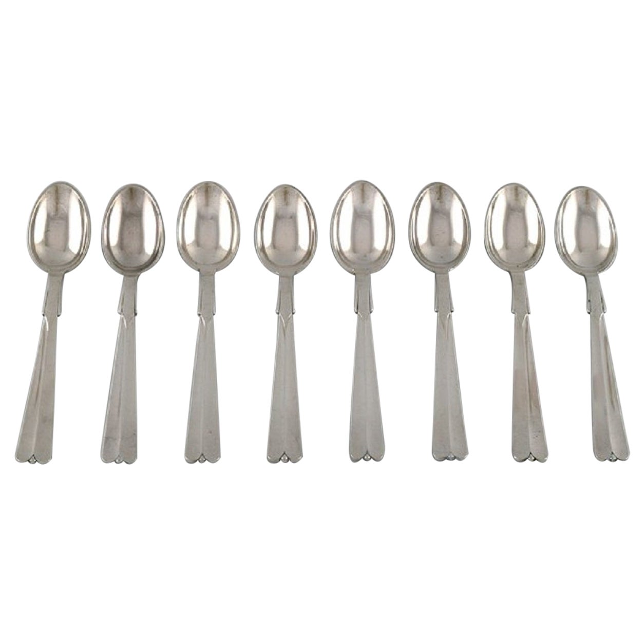 Hans Hansen Silverware No. 7. Eight Art Deco Silver 830 Teaspoons, 1930s