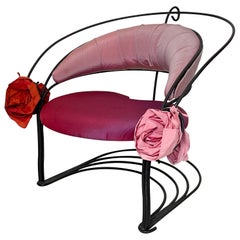 Post-Modern Sculptural Armchair in Black Metal and Pink Red Silk Upholstery