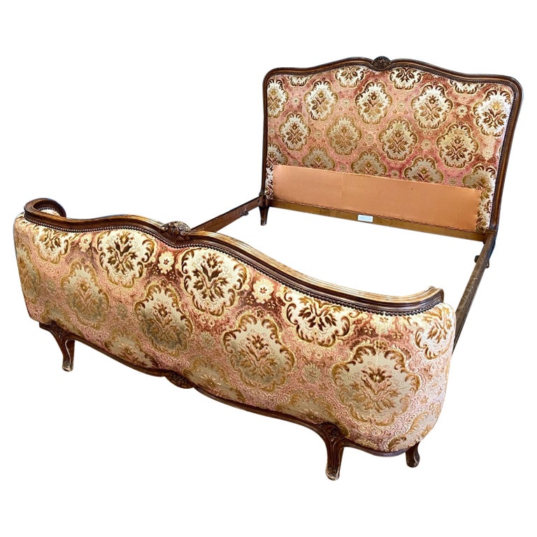 Kingsize Antique French Upholstered Demi Corbeille Bed For Sale at 1stDibs