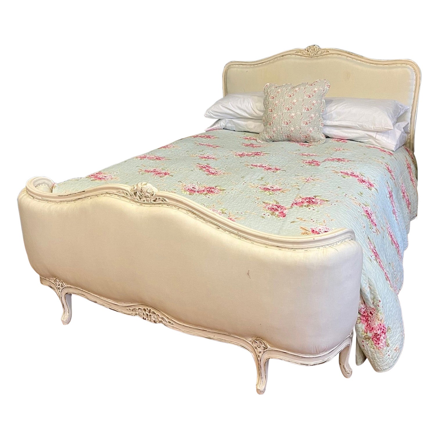 Double, White Antique Painted Demi Corbeille Bed, French