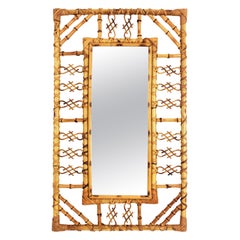 Retro Spanish Rattan Bamboo Mirror in Chinoiserie Design, 1960s