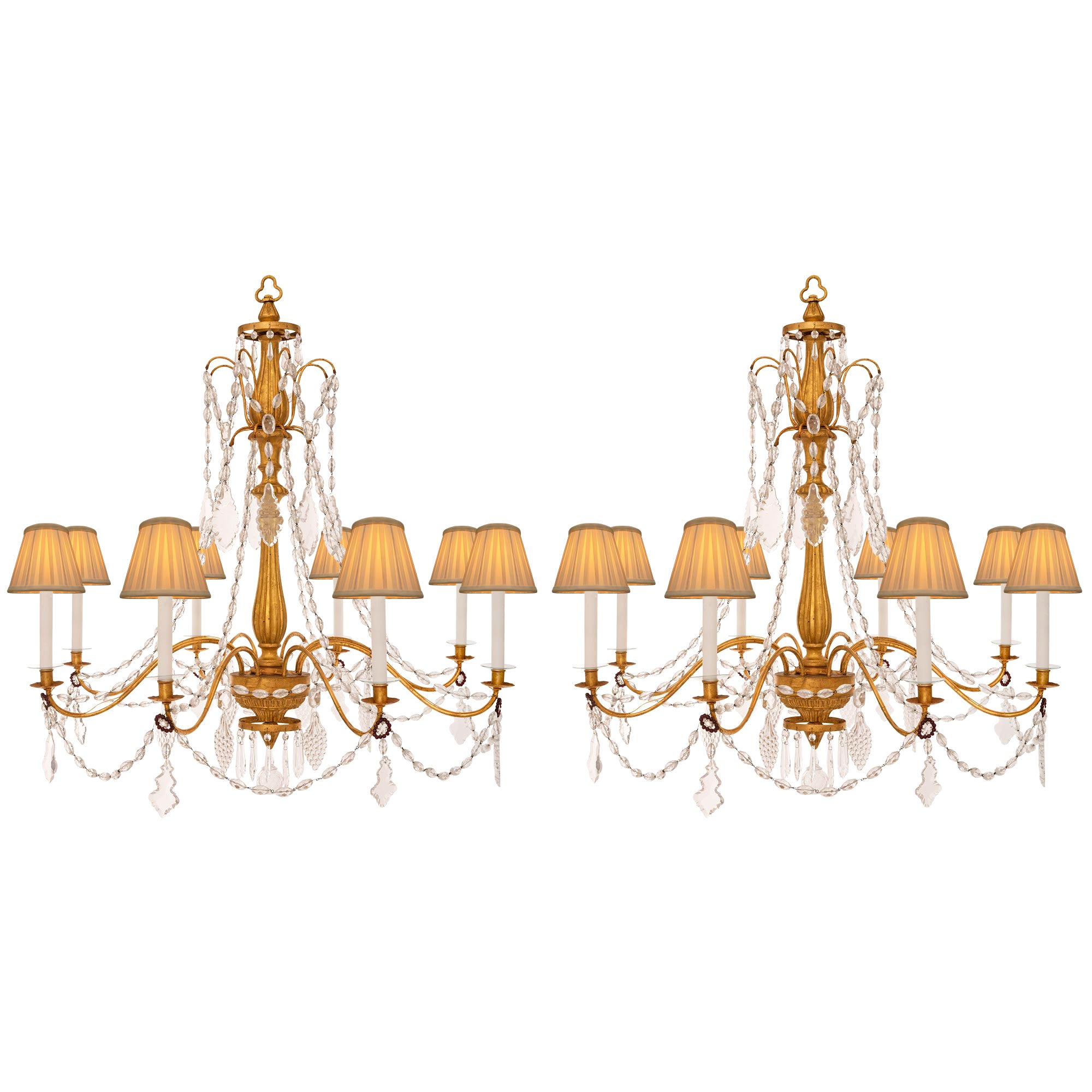 Pair of Italian 19th Century Genovese St. Giltwood and Crystal Chandeliers For Sale