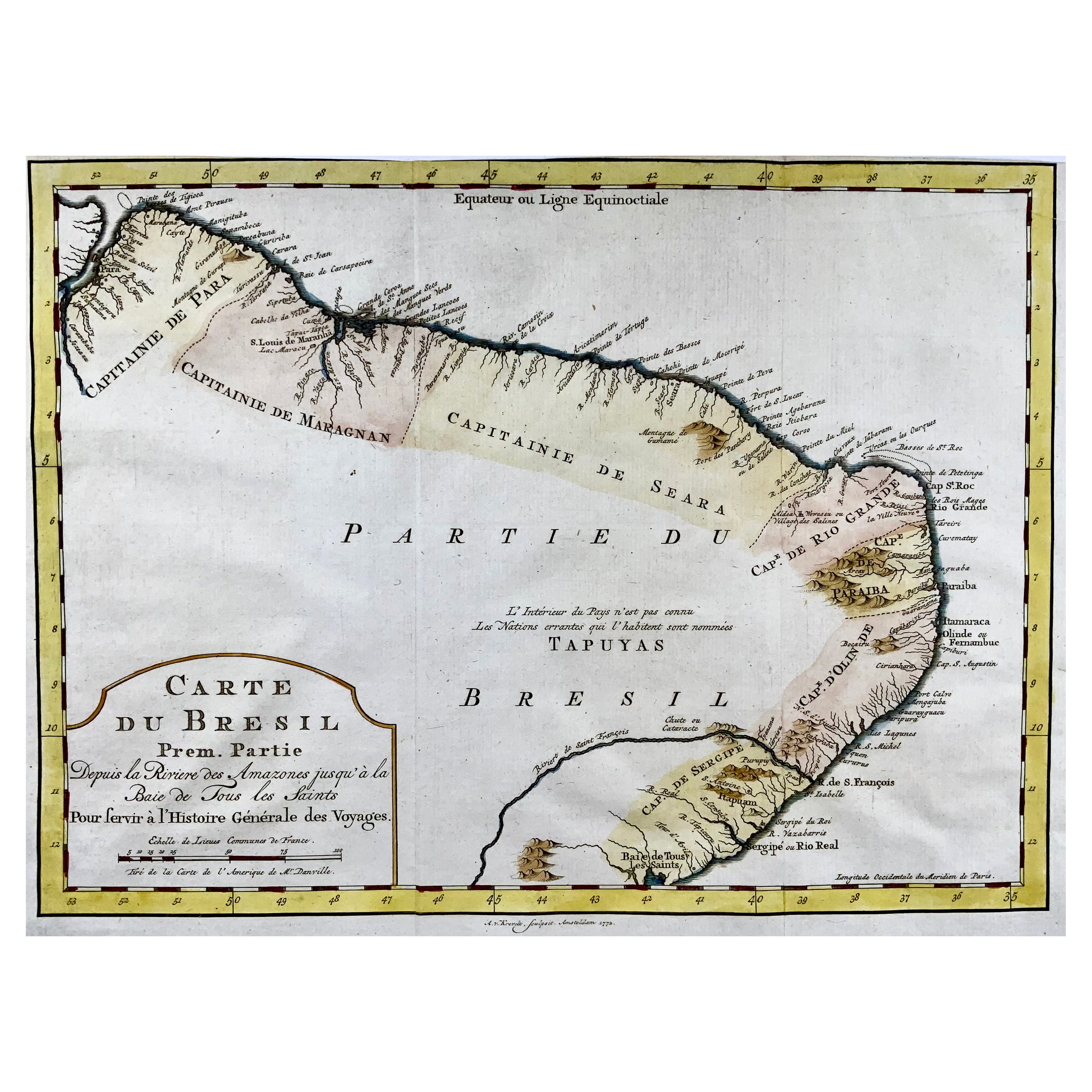 Krevelt, Map, Coast of Brazil, South America, Amazon, Hand Coloured For Sale