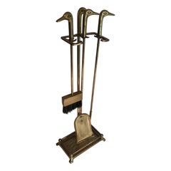 Neoclassical Style Brass Fireplace Tools with Duck Heads