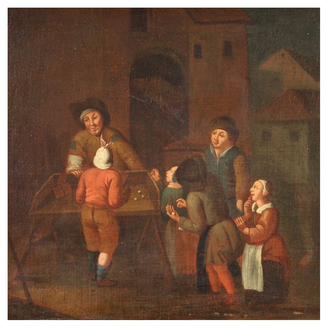 17th Century Oil on Canvas Flemish Antique Painting Genre Scene, 1650
