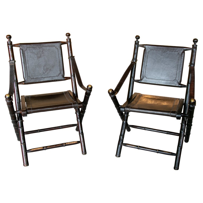 Pair of Folding Chairs in Bamboo Imitation Wood and Leather in the Seat