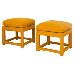 1970s Milo Baughman Style Parsons Mustard Wool Square Ottomans, a Pair