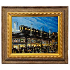 Vintage "The EL, New York City" Impressionist Busy Train Station Oil Painting by Willett