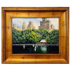 ""Boathouse Central Park, New York City" Peinture à l'huile impressionniste - Scène de printemps