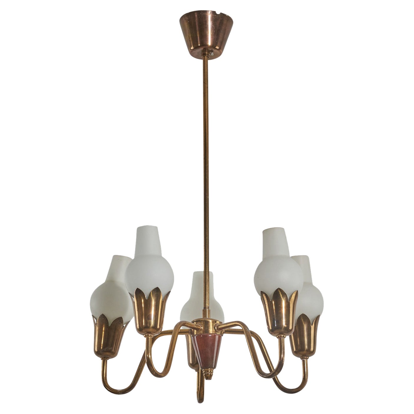 Danish Midcentury Tulip Chandelier in Brass and Glass by Fog and Mørup