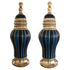 Pair of White Ceramic Table Lamps with Handpainted Blue Stripes