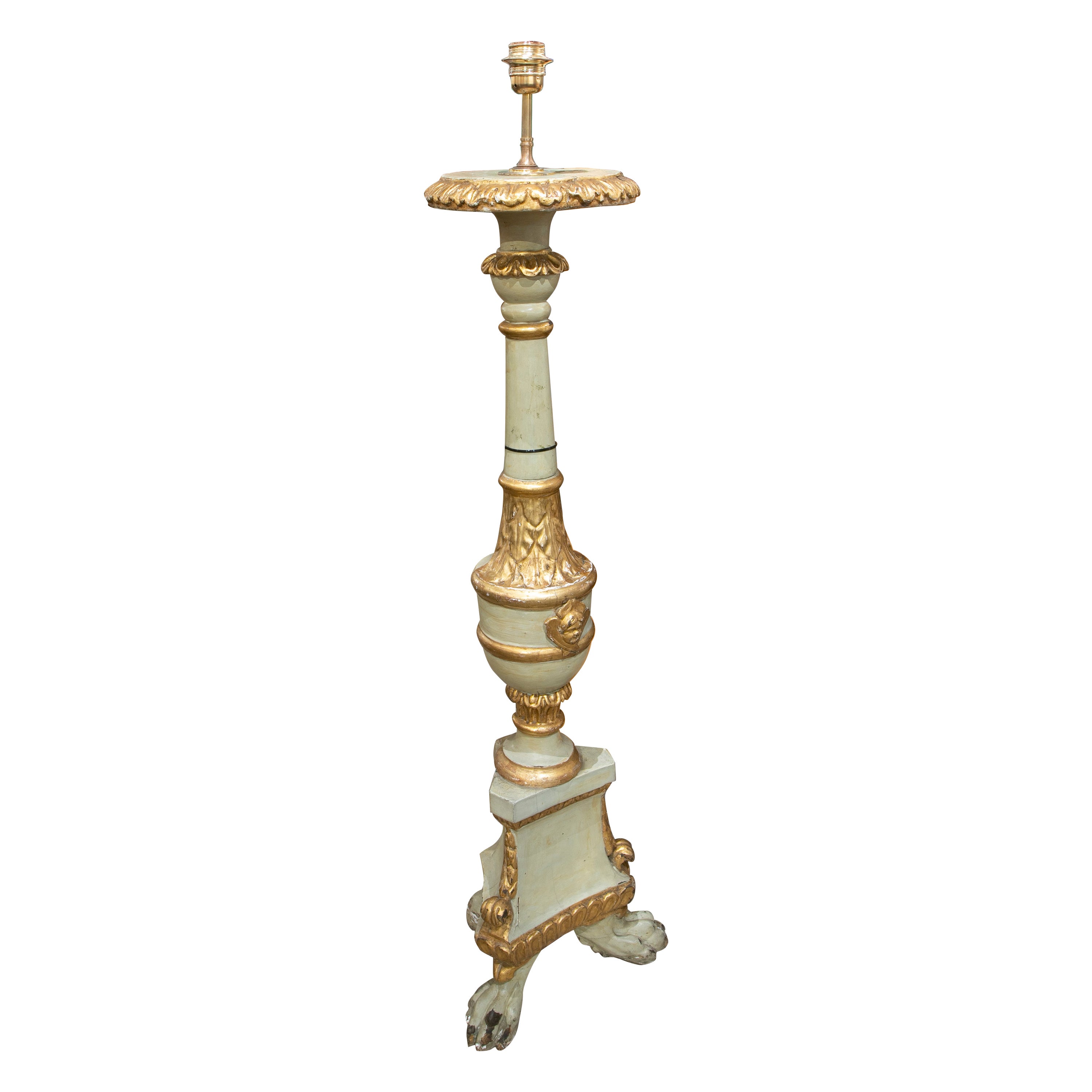 19th Century Spanish Giltwood Candlestick Turned Table Lamp For Sale