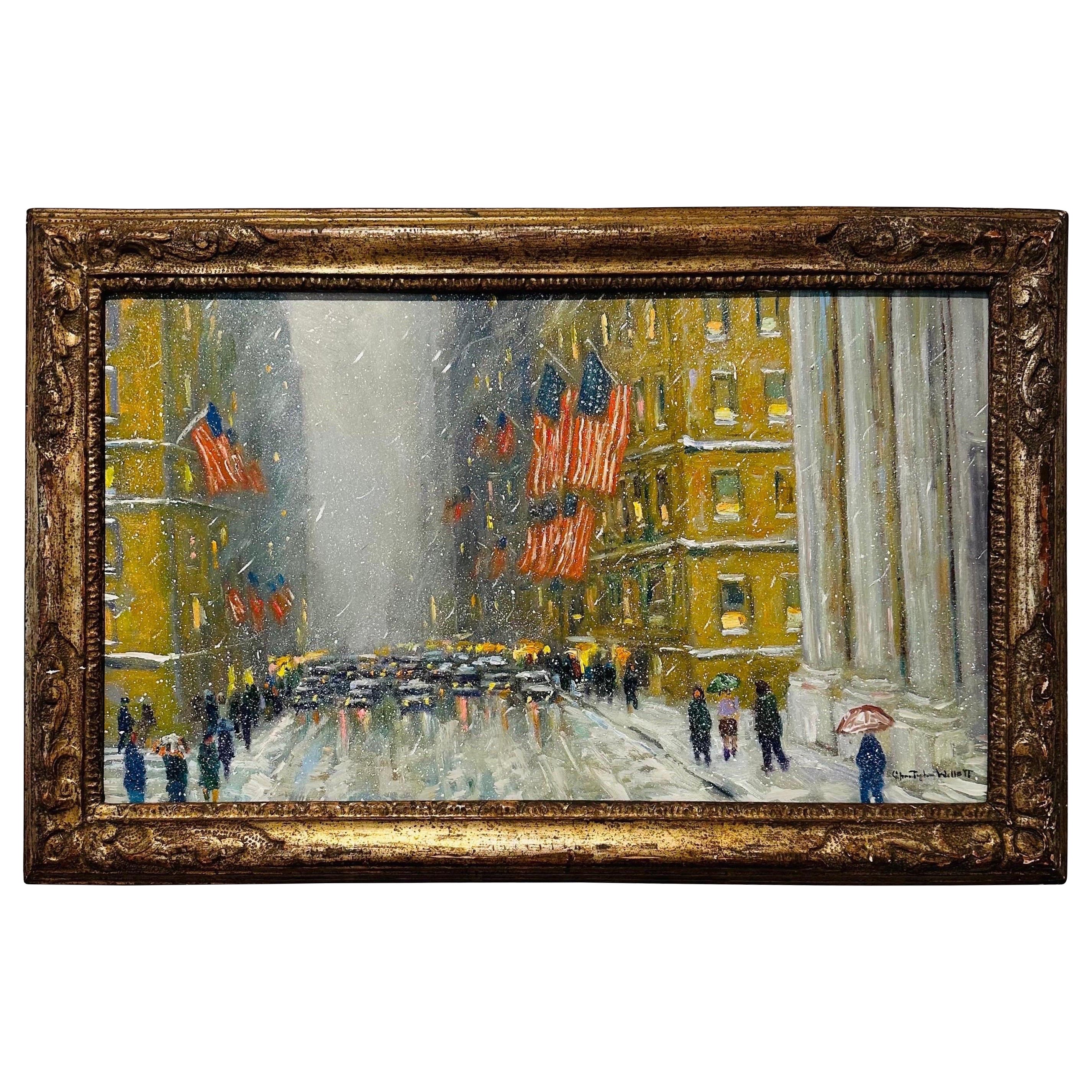 Peinture à l'huile impressionniste d'une scène de circulation d'hiver à New York en vente