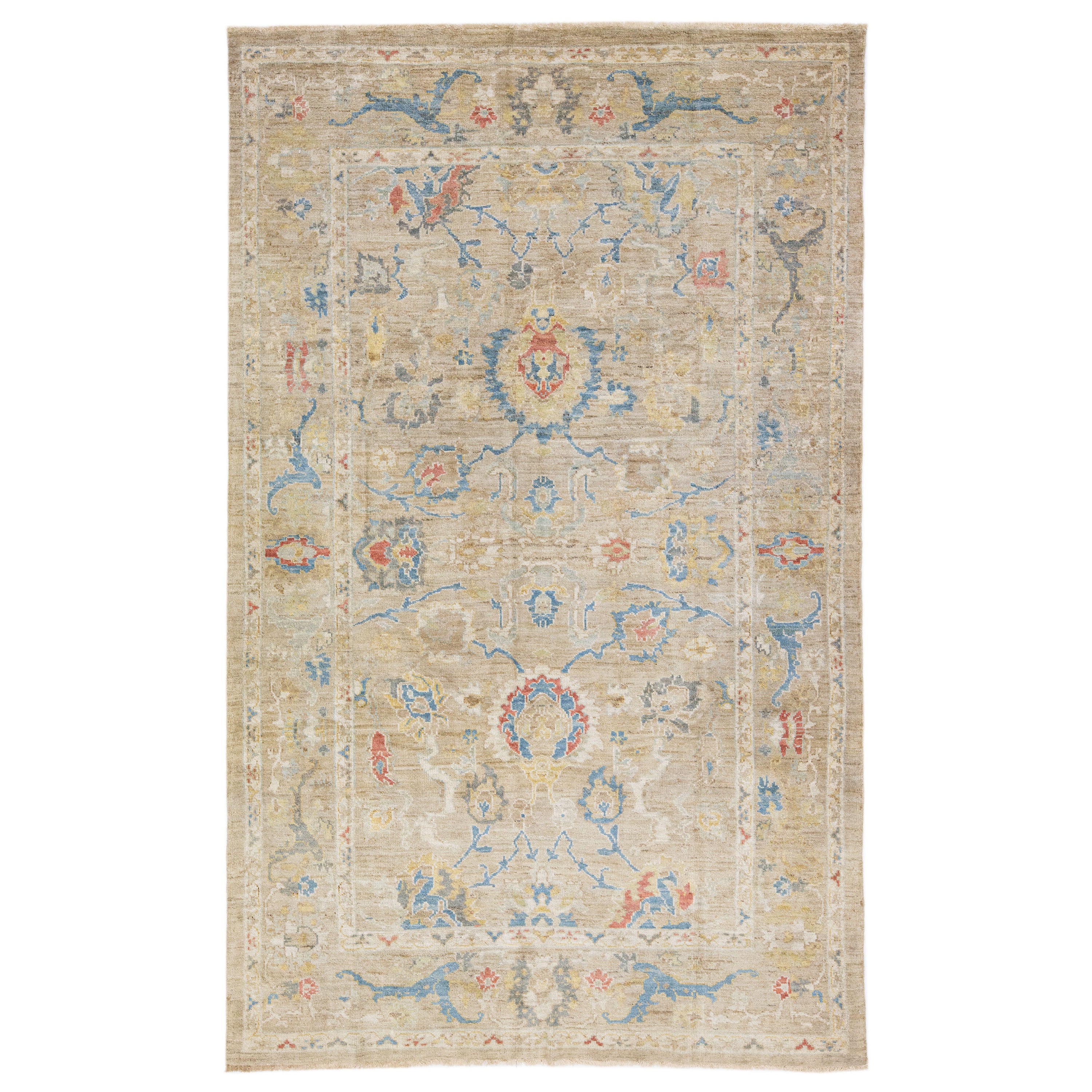 Modern Sultanabad Beige Handmade Wool Rug with Floral Motif For Sale