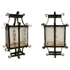 1990s Pair of Outdoor Iron Wall and Glass Lamps
