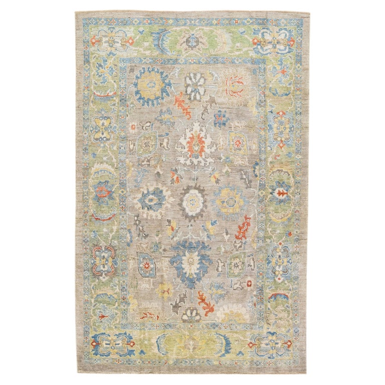 Modern Sultanabad Handmade Brown and Green Wool Rug with Floral Pattern For Sale at 1stDibs