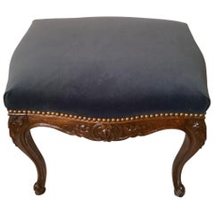 Antique Late 19th Century Hand Craved Walnut and Velvet Bench