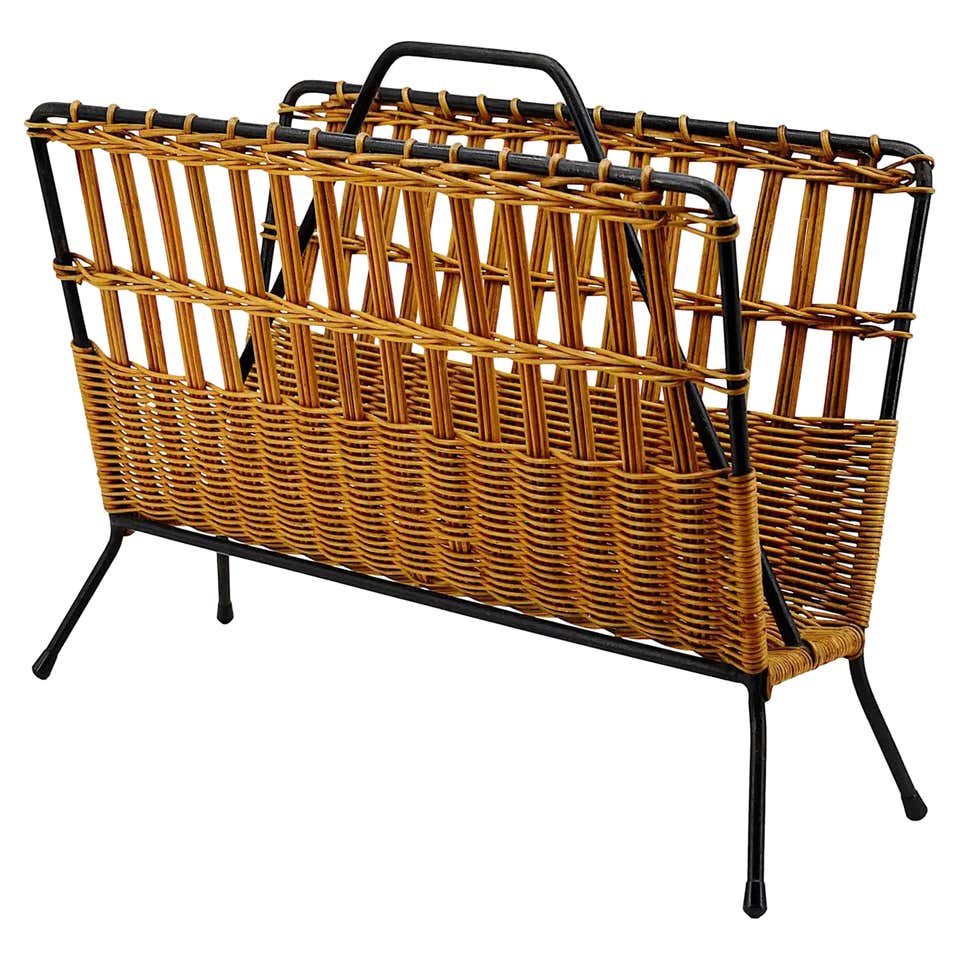 Midcentury Magazine Rack Italian Wicker Basket with Enameled Iron Base ...