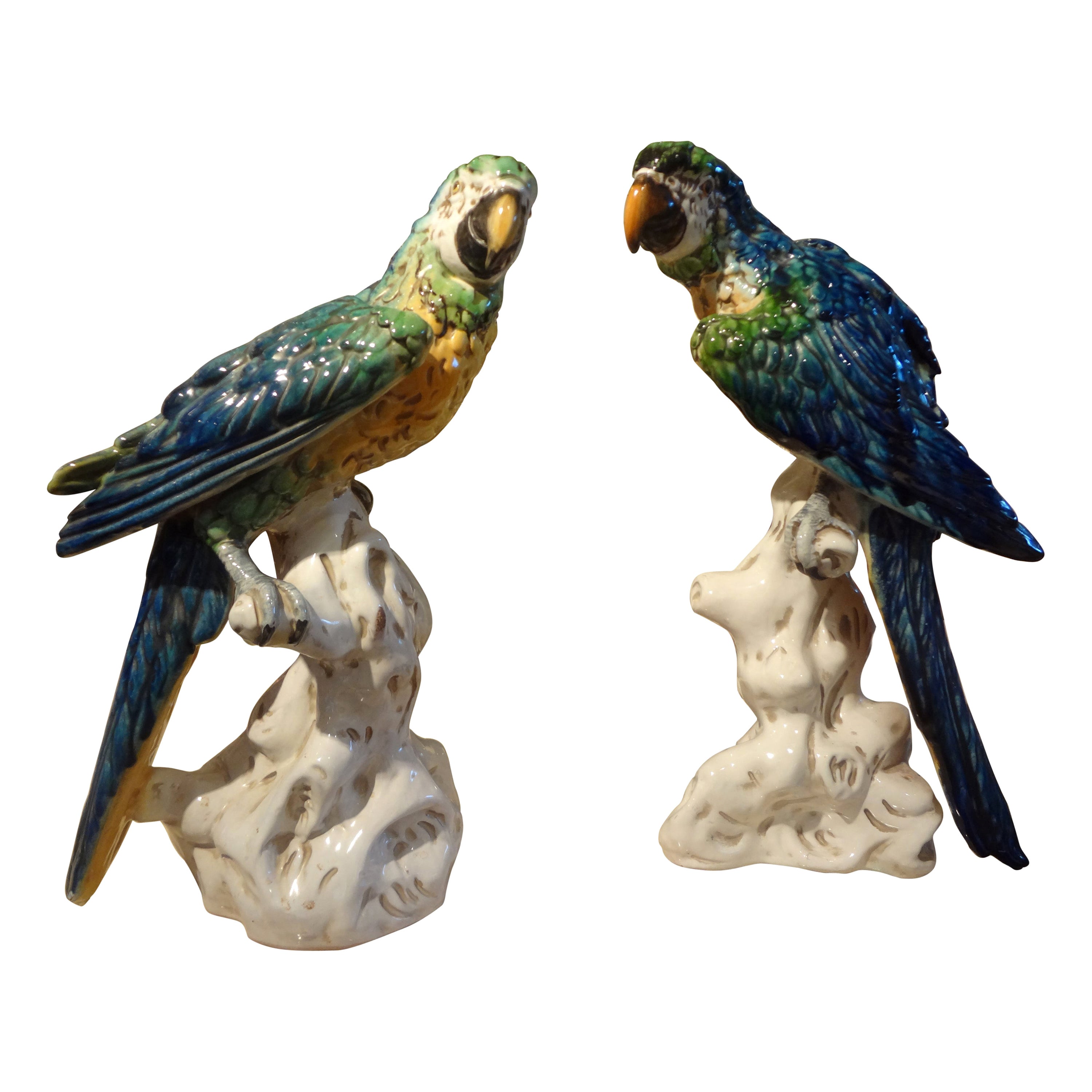 Paire de statues italiennes de perroquets en terre cuite émaillée